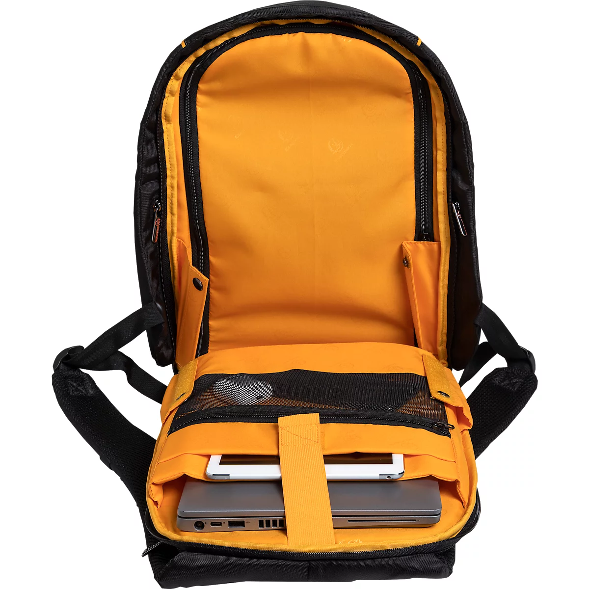 Schwarzer Rucksack, orangefarbenes Innenfutter. Laptop und Tablet im vorderen Fach.