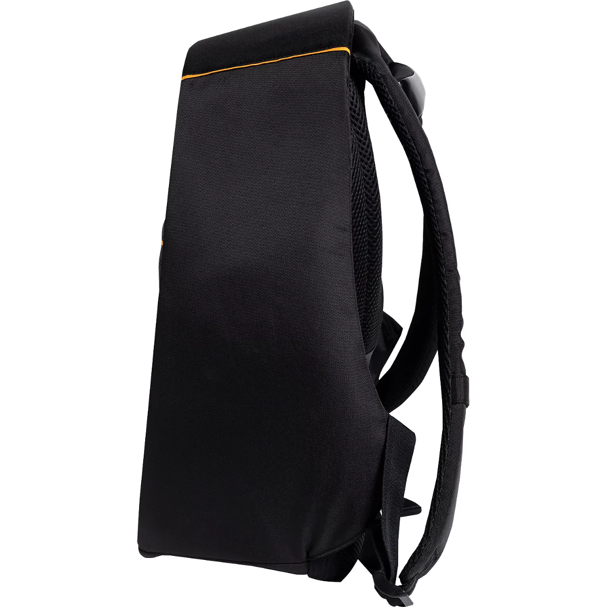 Zwarte rugzak met gele accent op de bovenrand. Zijaanzicht met schouderbanden en rugvulling.