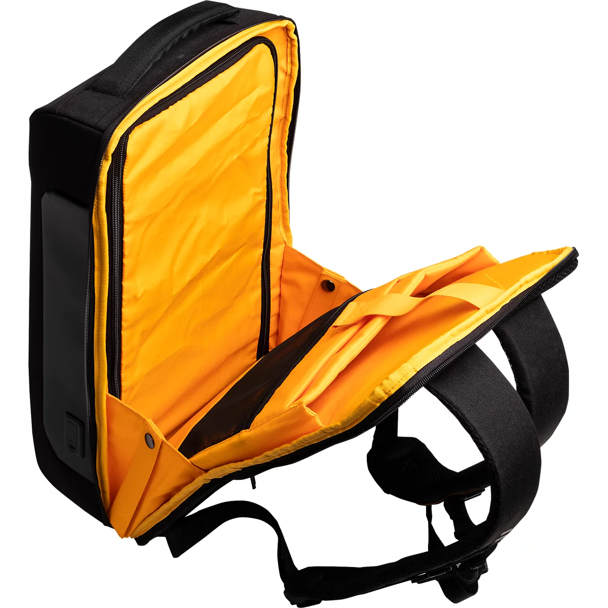 Sac à dos noir avec doublure jaune, partiellement ouvert. Bretelles et poignée visibles.