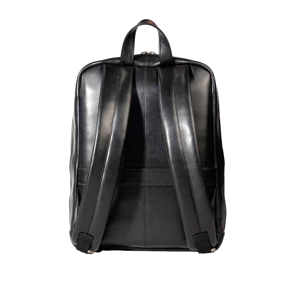 Sac à dos en cuir noir, vue arrière. Poignée, bretelles et fermeture éclair.