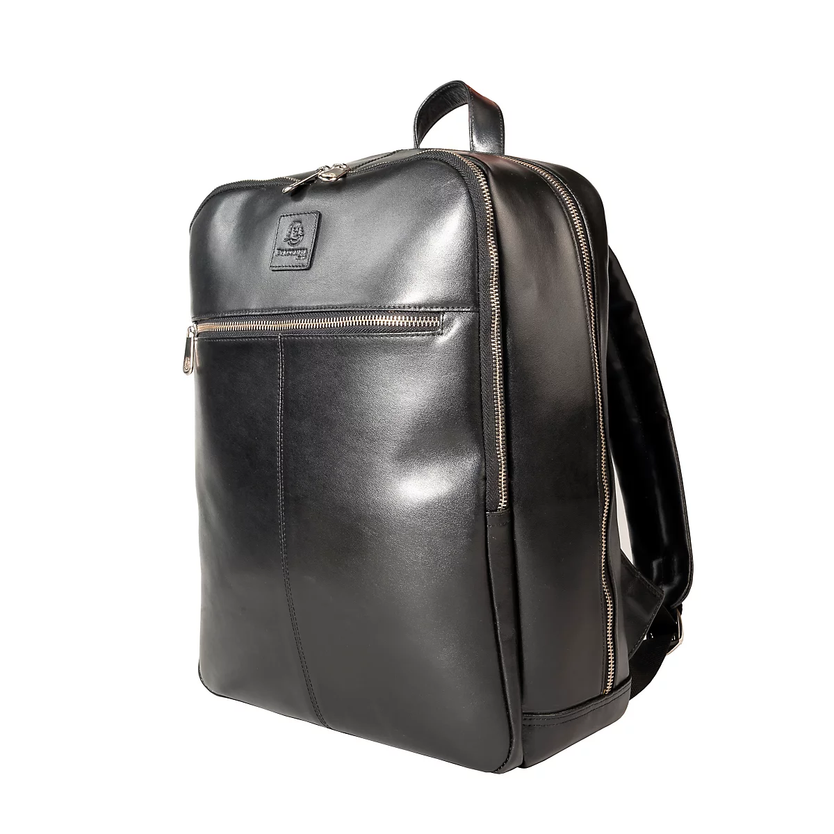 Sac à dos en cuir noir, brillant, avec fermetures éclair et un petit logo.