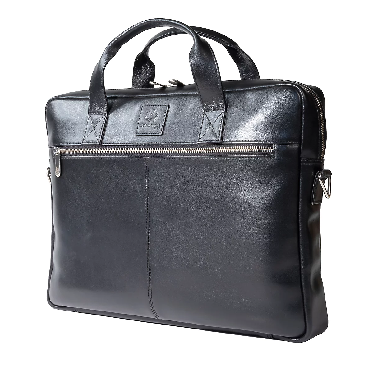 Mallette en cuir noir avec poignée et fermeture éclair. Il y a un logo sur le sac.