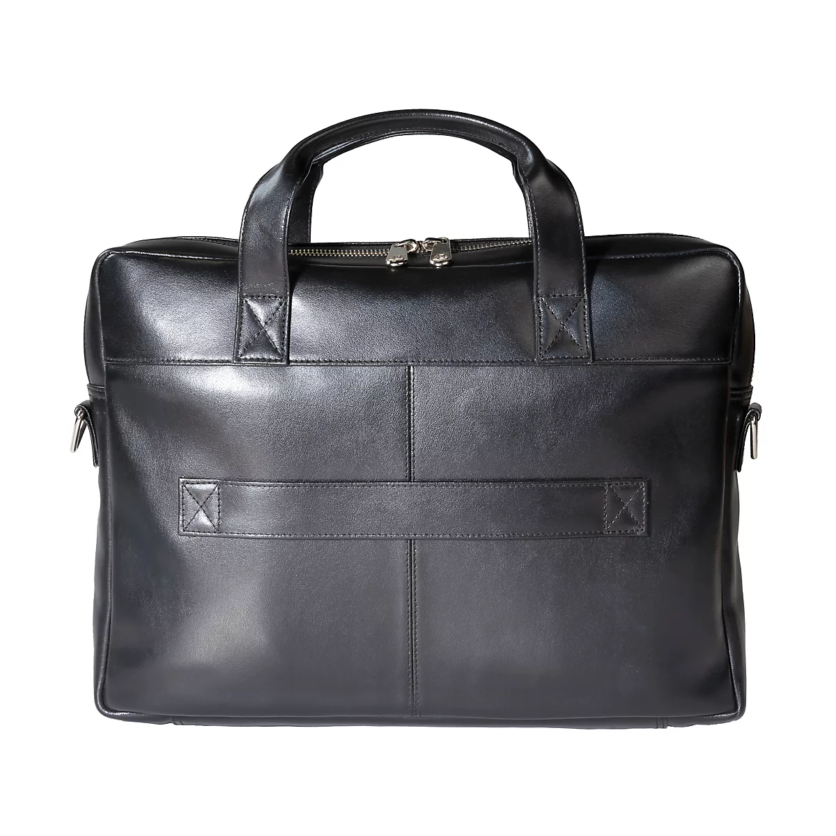 Mallette en cuir noir avec poignée, fermeture éclair et attache pour bandoulière. Forme rectangulaire, design classique.