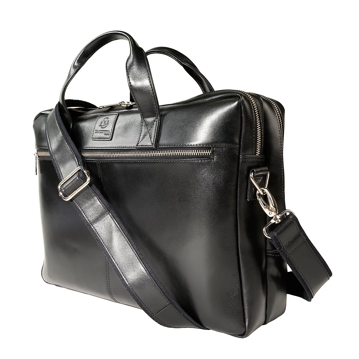Serviette en cuir noir avec poignée et bandoulière. Fermeture éclair et éléments métalliques argentés.