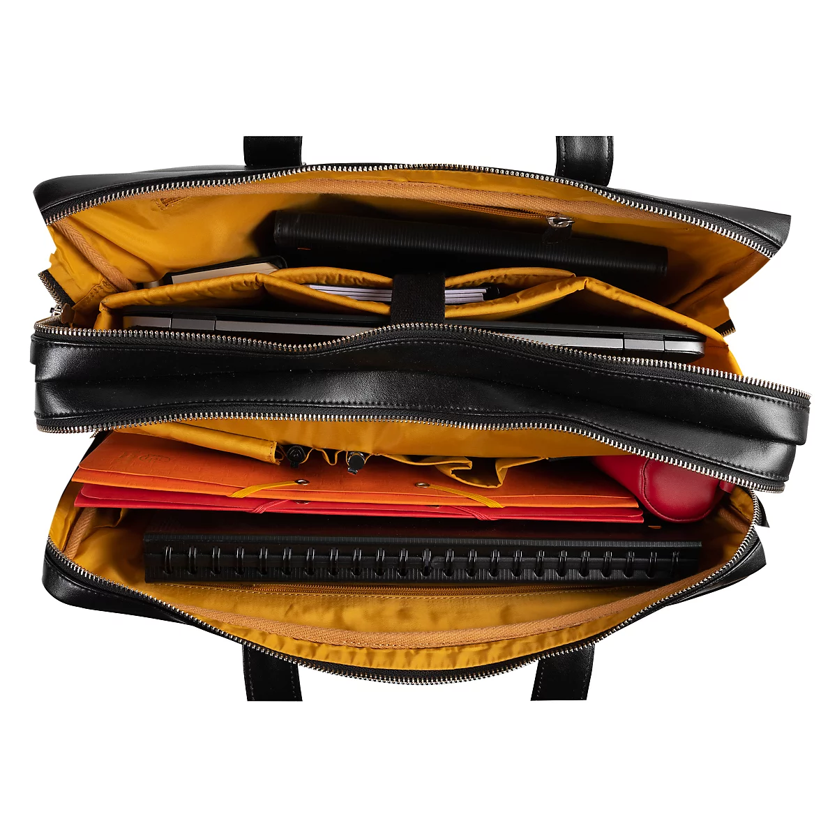 Mallette noire avec doublure jaune, ouverte et remplie de documents. Un ordinateur portable est visible.