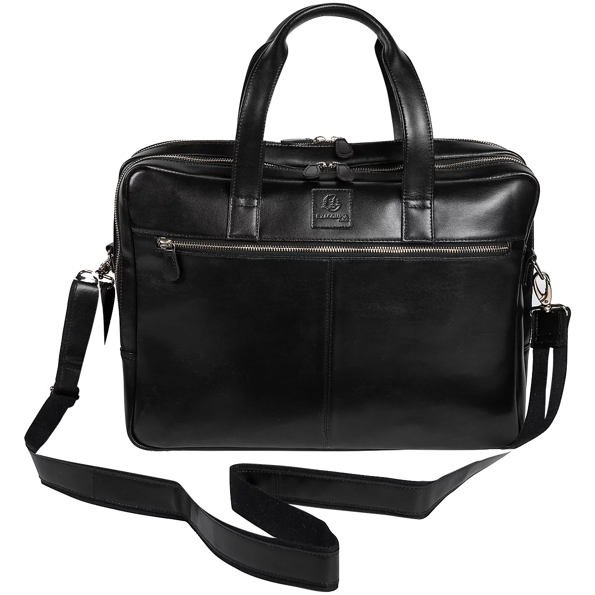 Mallette en cuir noir avec poignées et bandoulière. Il y a une poche zippée sur le devant.