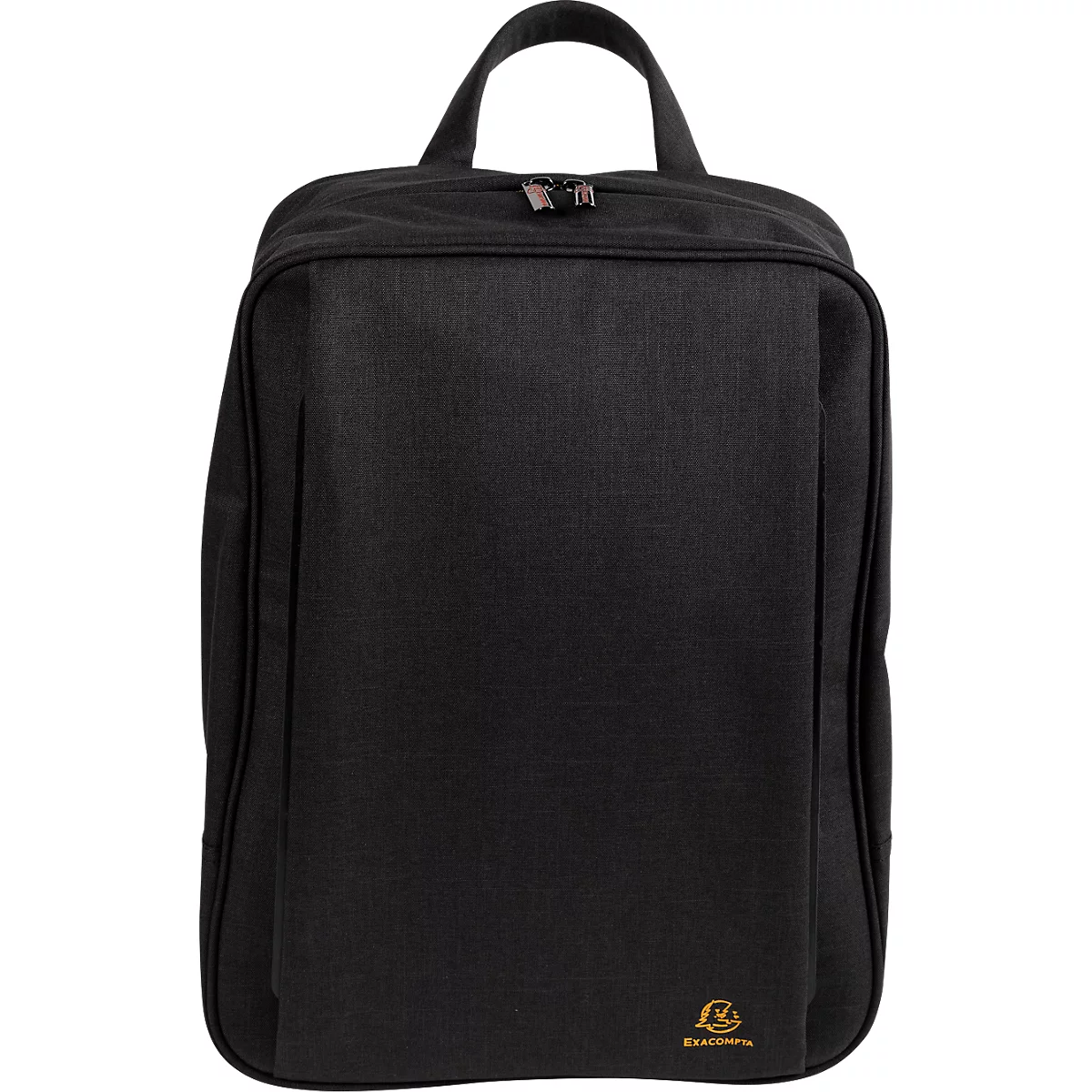 Schwarzer Rucksack mit Tragegriff und Reißverschlussfach. Logo unten rechts.