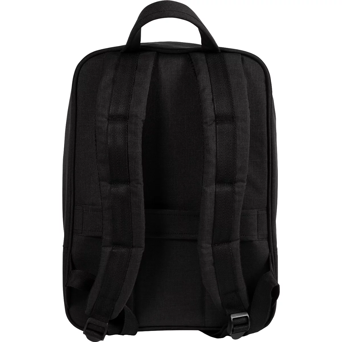 Schwarzer Rucksack von hinten, mit Trägern und Tragegriff.