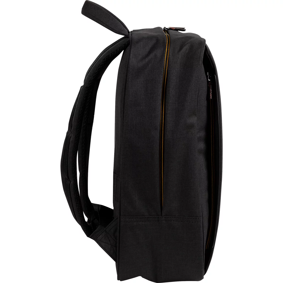 Schwarzer Rucksack von der Seite, mit Reißverschluss und Trageriemen.