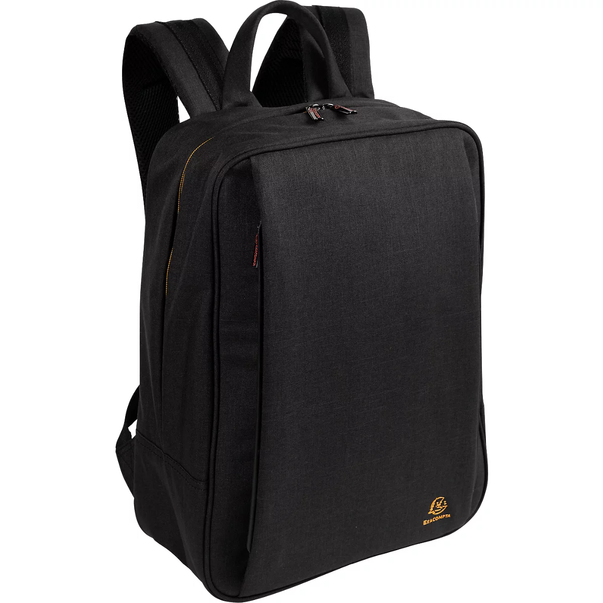 Schwarzer Rucksack mit zwei Trägern und Tragegriff. Reißverschluss, Logo auf der unteren rechten Seite.