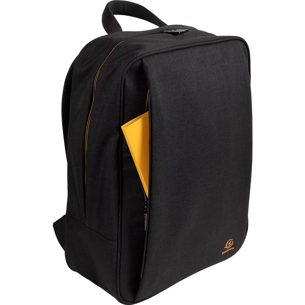 Schwarzer Rucksack, gelbe Akzente, Reißverschlussfach, gelbes Notizbuch.