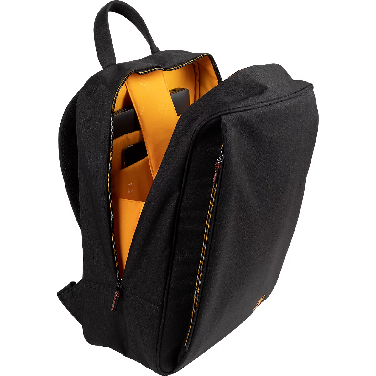Schwarzer Rucksack mit gelbem Innenfutter und teilweise geöffneten Reißverschlüssen. Die Tasche ist offen und gibt den Blick auf Fächer frei.