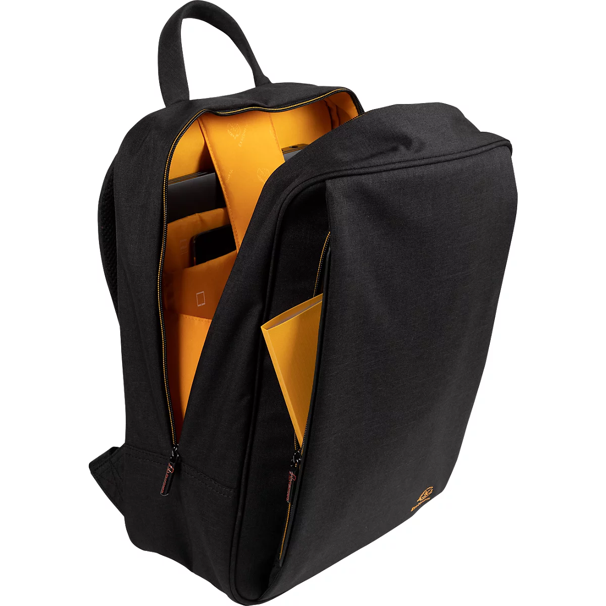 Schwarzer Rucksack mit gelbem Innenfutter. Reißverschluss geöffnet, Inhalt sichtbar.