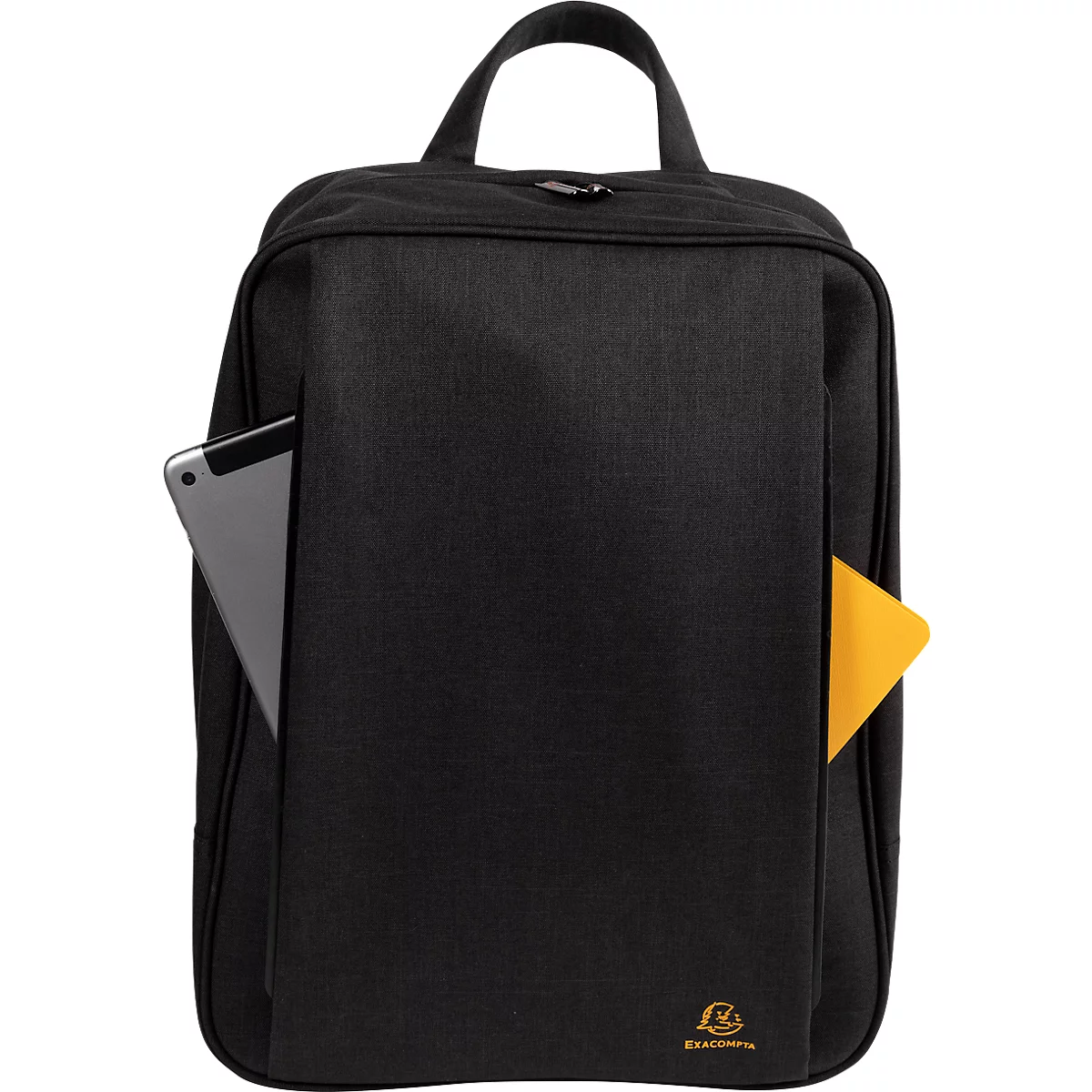 Schwarzer Rucksack mit Tablet-Tasche, Griff und gelbem Detail. Logo am unteren Rand.