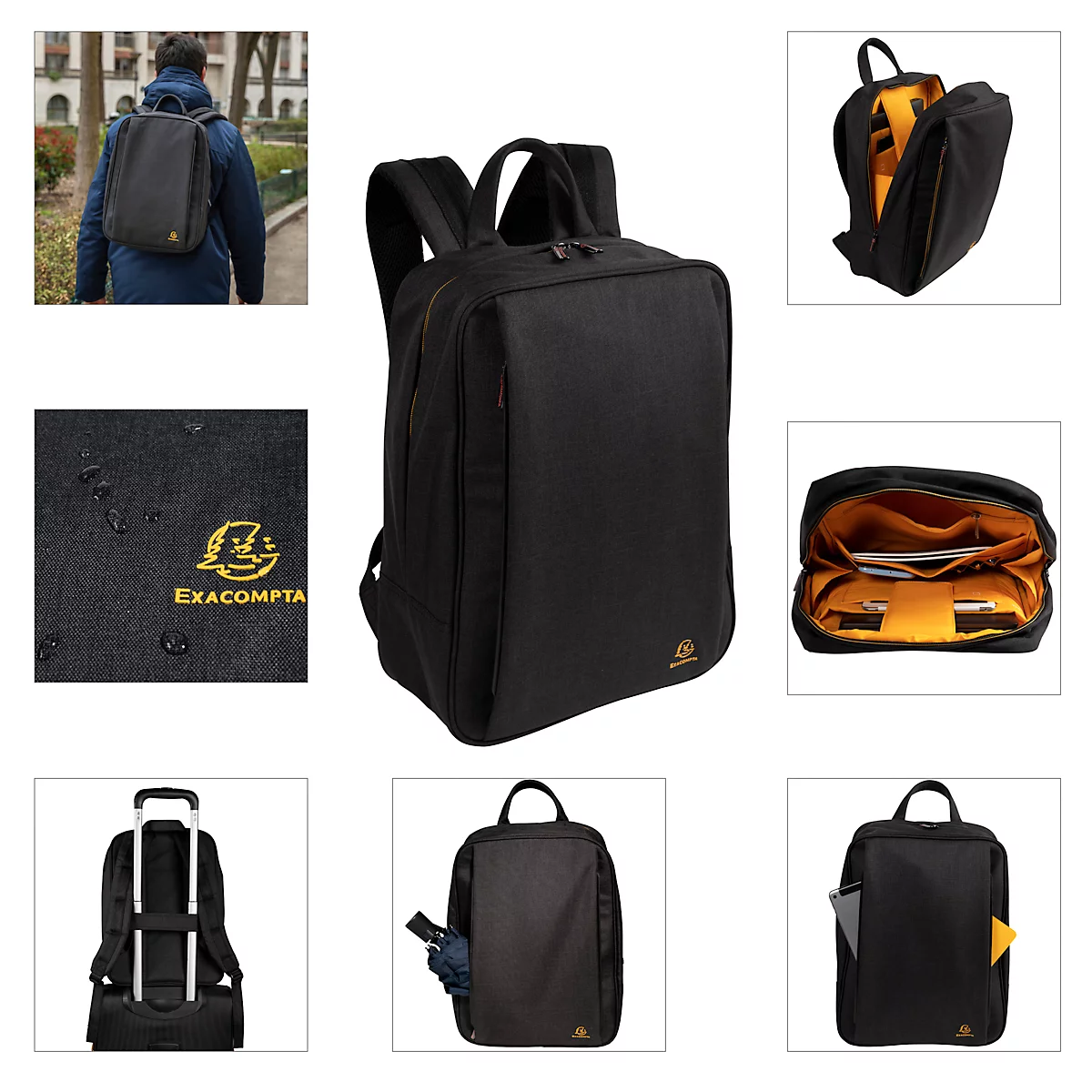 Schwarzer Rucksack mit Innenfächern. Der Schriftzug EXACOMPTA ist goldfarben. Die Tasche ist in verschiedenen Ansichten abgebildet.