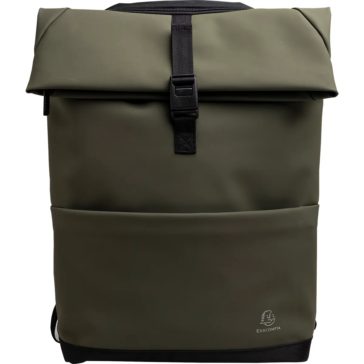 Olivgrüner Rucksack mit schwarzem Verschluss. Auf der Vordertasche befindet sich ein Logo.