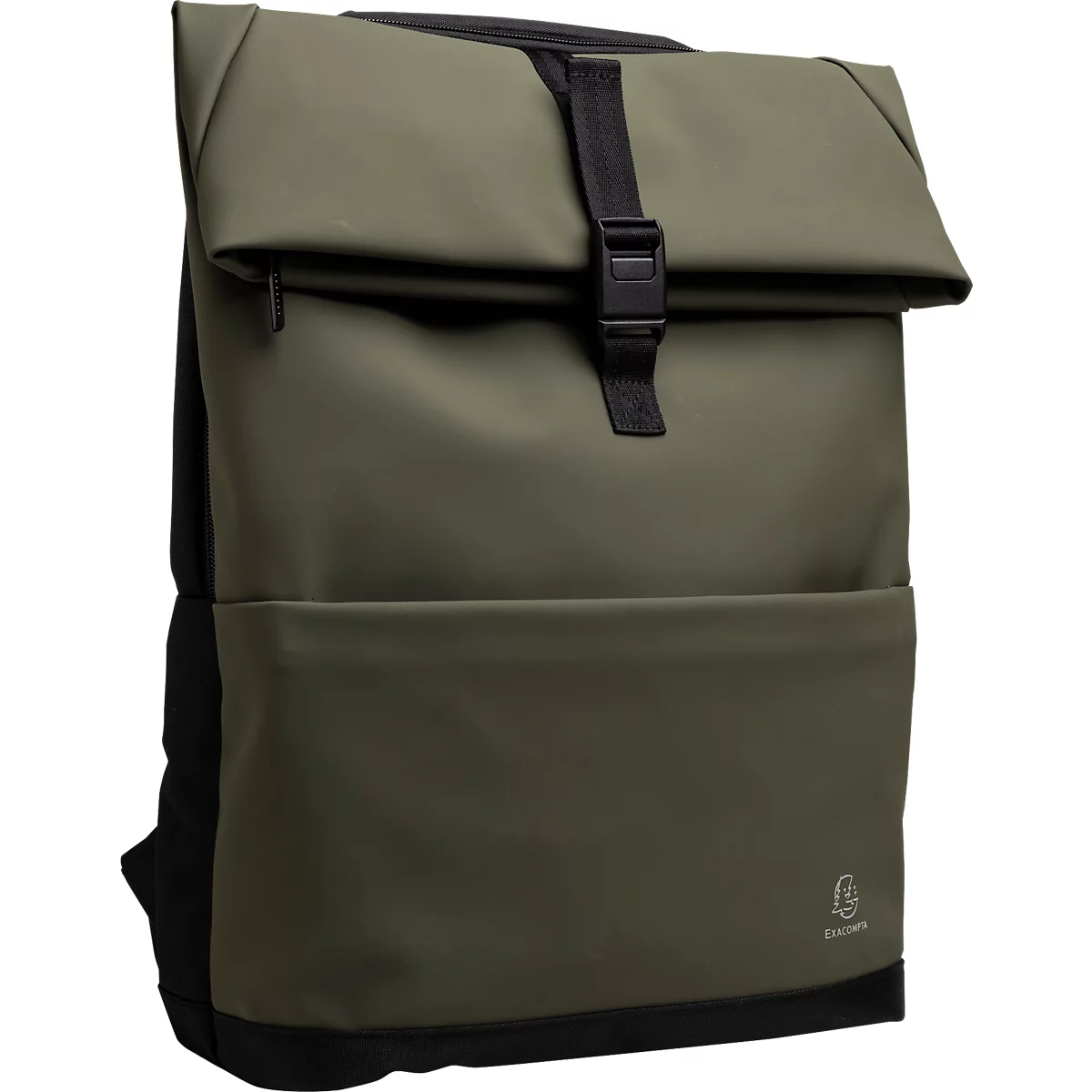 Olivgrüner Rucksack mit schwarzem Verschluss. Der obere Teil ist umgeklappt, mit einer schwarzen Schnalle verschlossen.