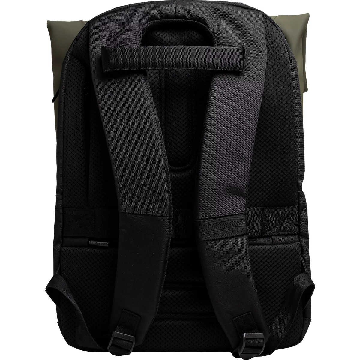 Schwarzer Rucksack von hinten. Gepolsterte Träger und Rückenteil. Tragegriff. Dunkelgrüner Umschlag.