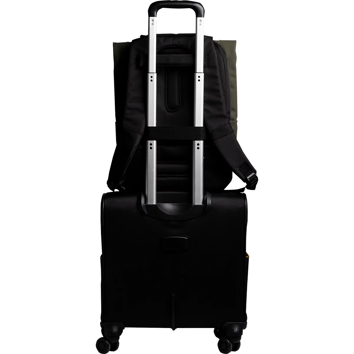 Schwarzer Koffer mit Rucksack, Rückansicht. Teleskopgriff, Räder und Details.