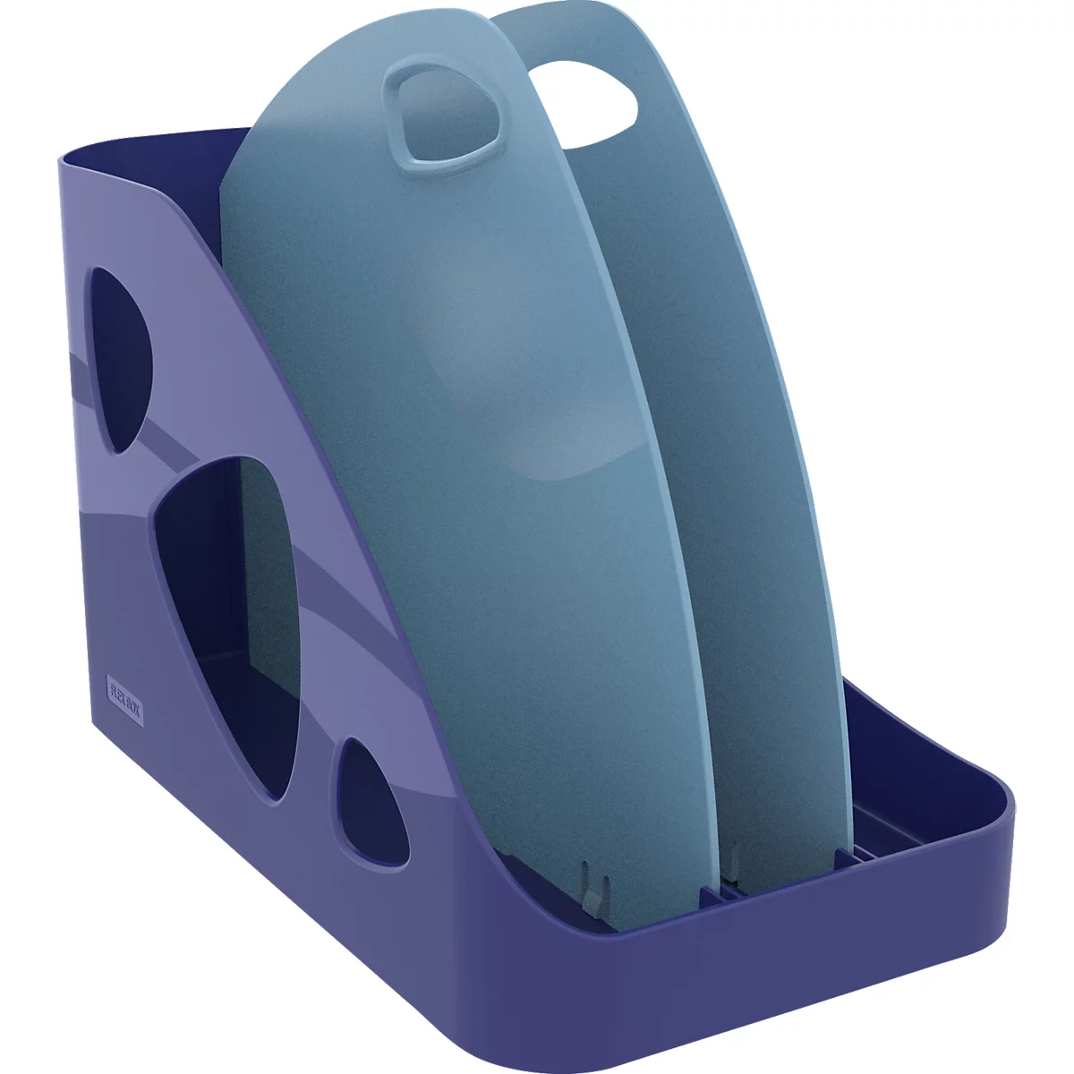 Porte-documents bleu-violet, deux compartiments, poignées, forme incurvée, découpes latérales.
