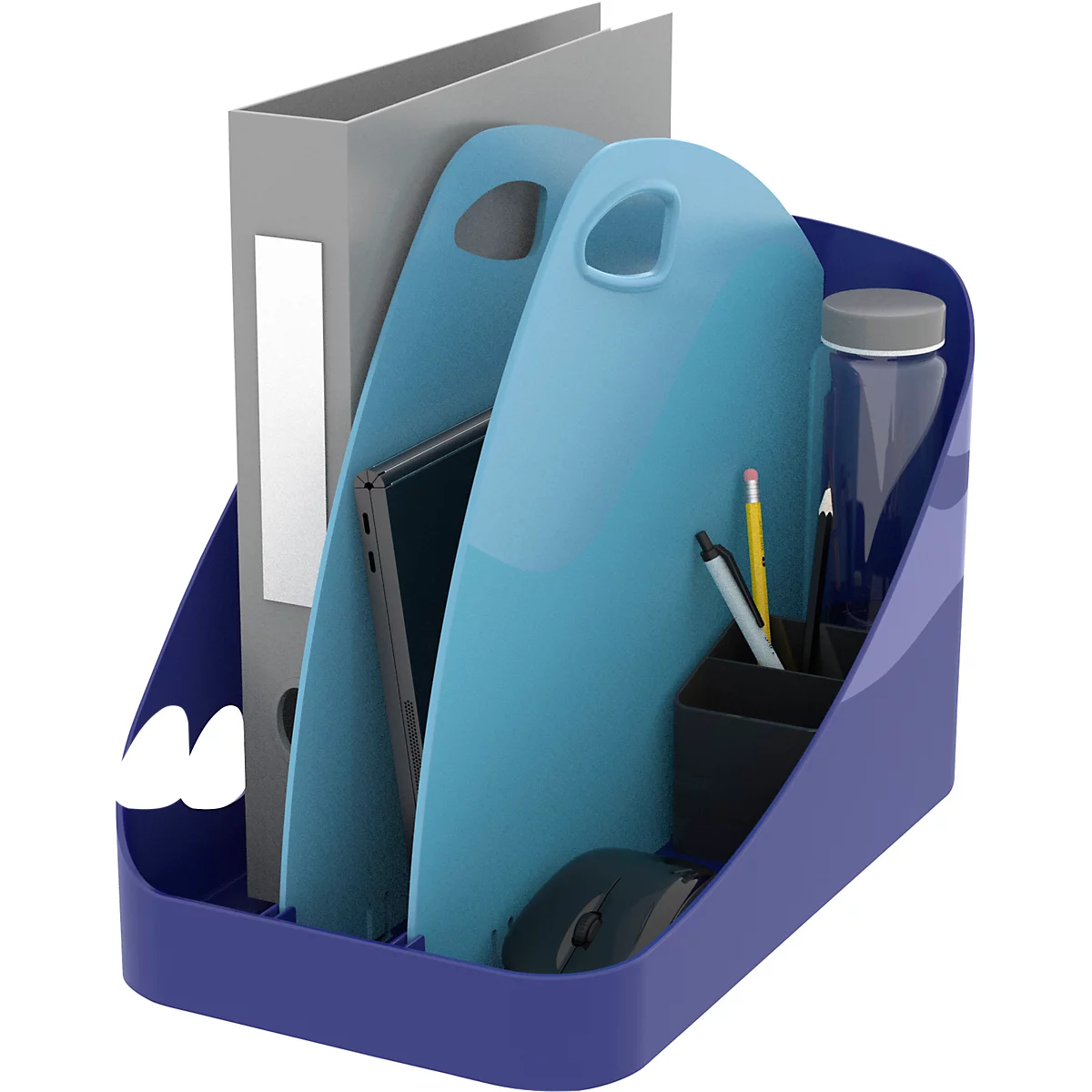 Un système de tri de bureau bleu foncé avec des dossiers, un smartphone, des stylos et une bouteille d'eau.