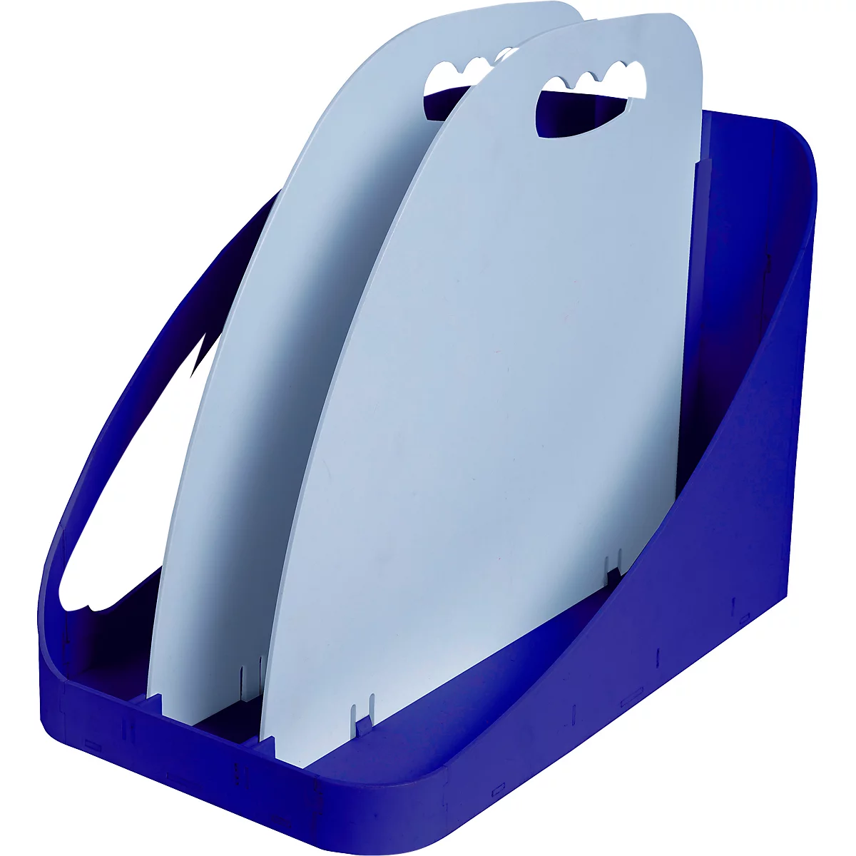 Blauer Papierkorb mit zwei hellblauen Trennwänden. Grifflöcher oben.