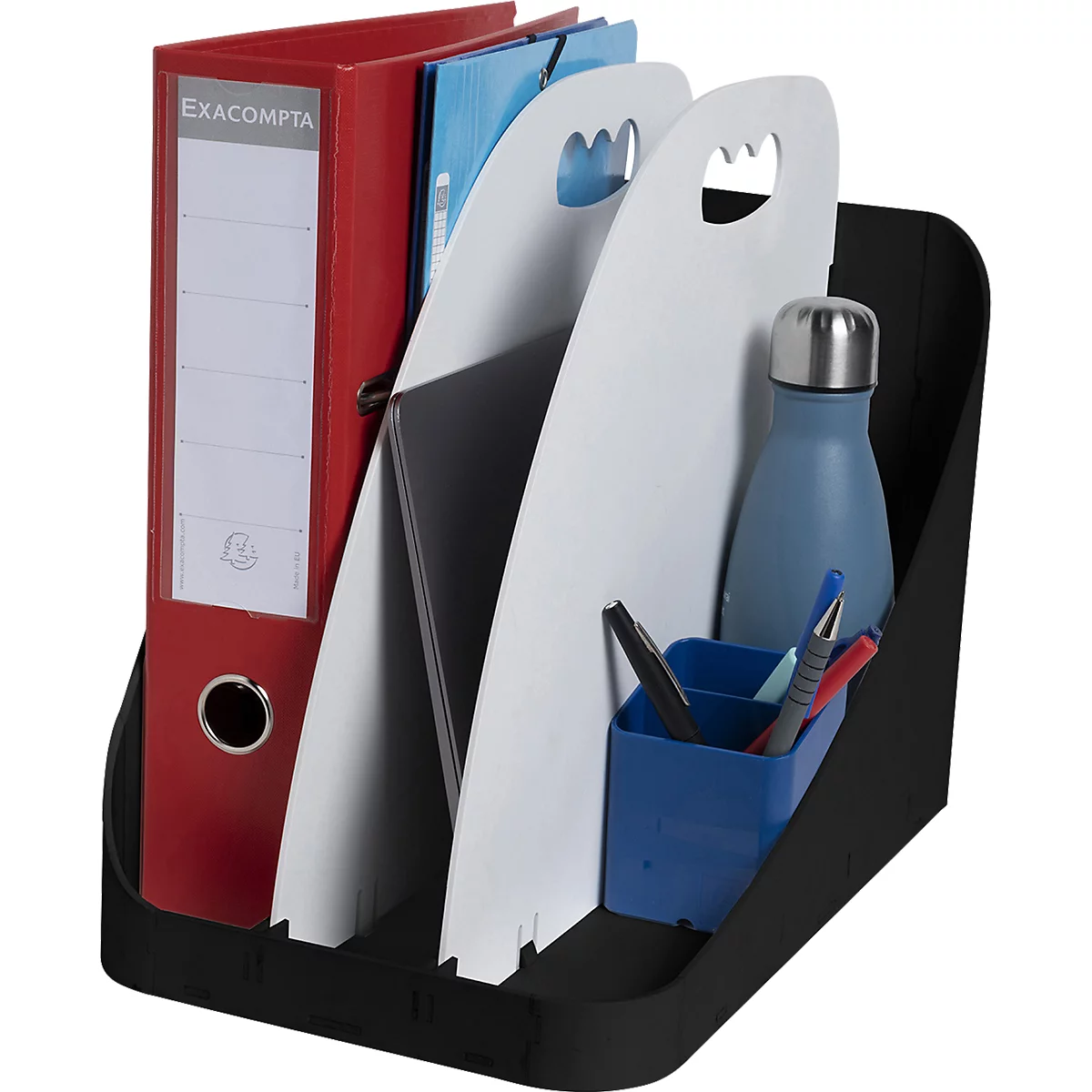 Organisateur de documents noir avec classeur rouge, séparateurs blancs, bouteille d'eau bleue et porte-stylos.