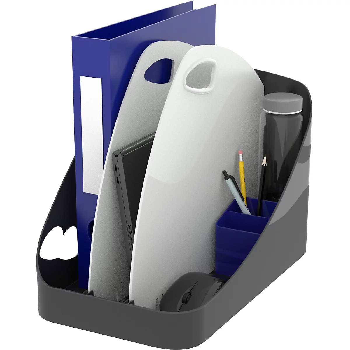 Ein grauer Schreibtisch-Organizer mit Ordnern, Stiften, Maus und Wasserflasche.