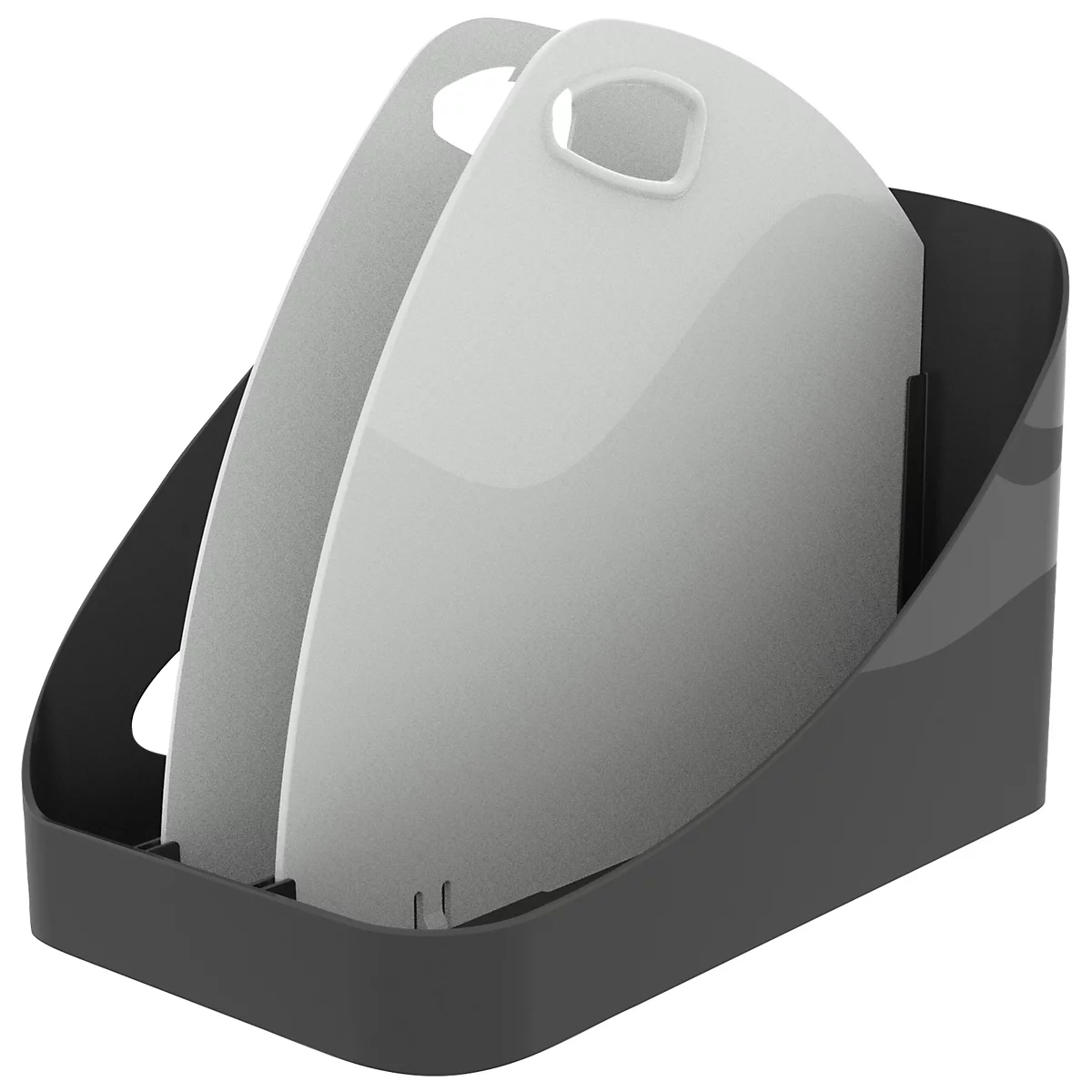 Graue Schneidebretter in einer schwarzen Halterung mit Grifföffnungen.