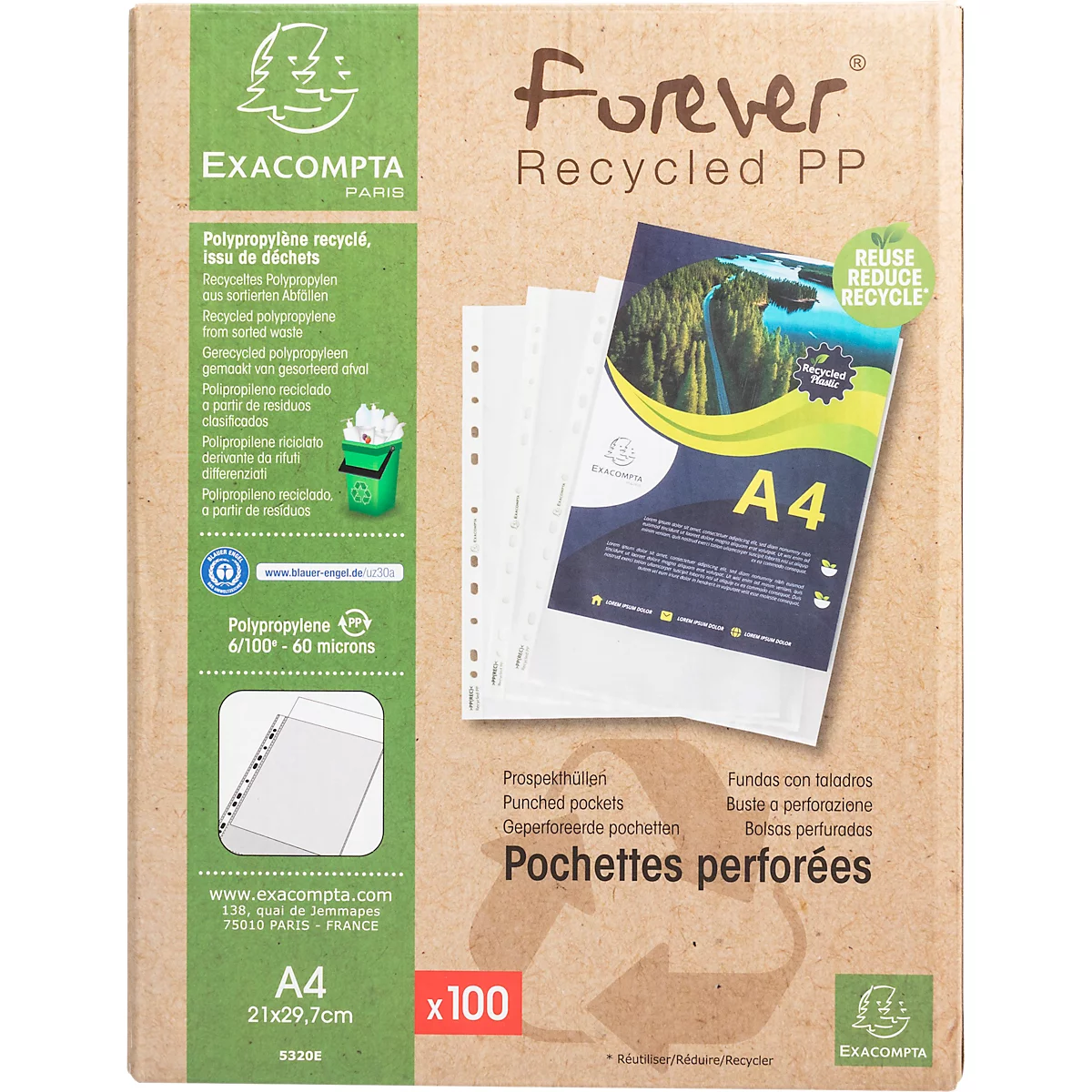 Verpakking met PP-vellen in A4-formaat. Opdrukken: recyclingsymbool, productnaam en kenmerken.