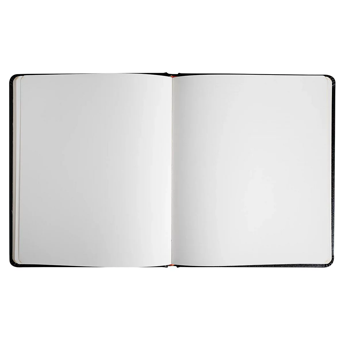 Aufgeschlagenes schwarzes Notizbuch mit leeren, weißen Seiten. Der Buchrücken ist rot.