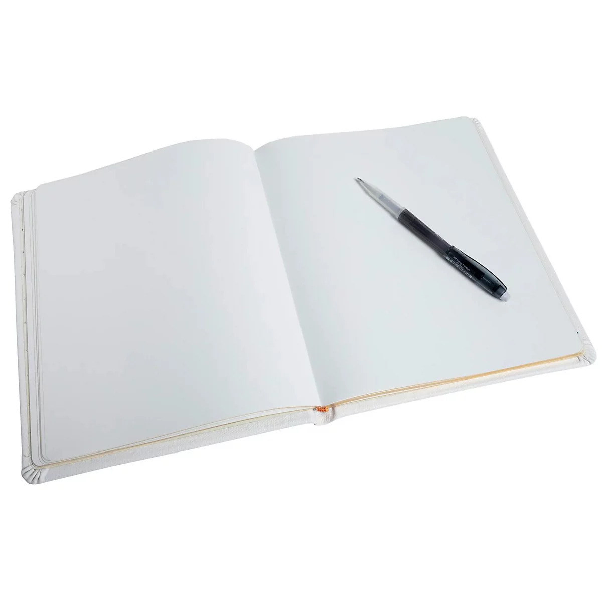 Aufgeschlagenes Notizbuch mit einem Stift. Die Seiten sind weiß, der Stift schwarz und silber.