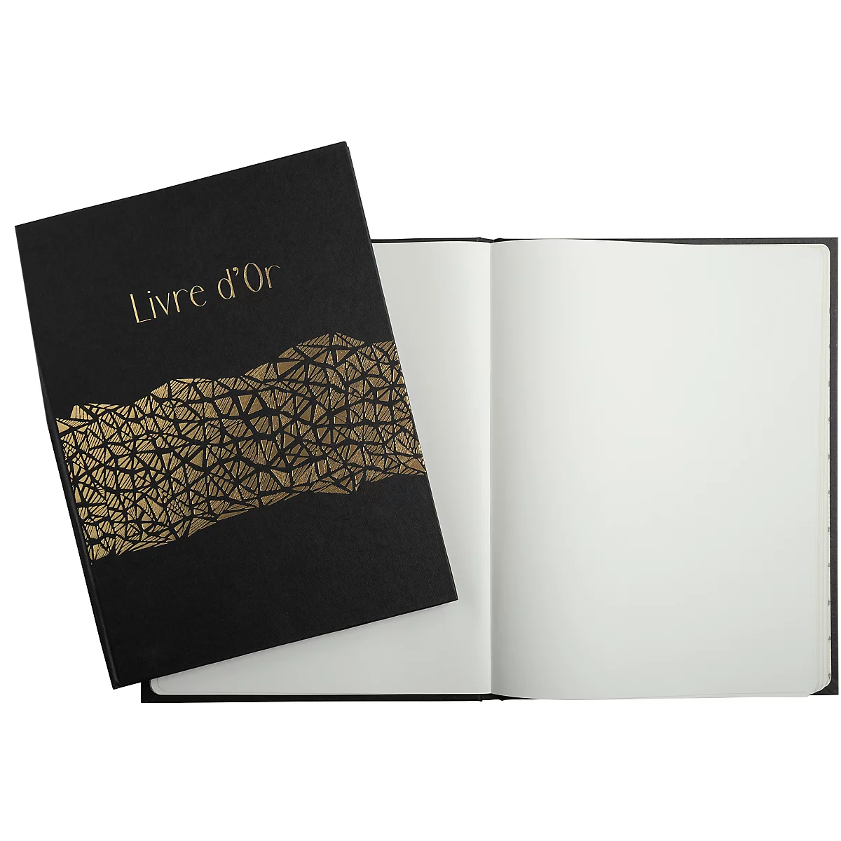 Ein schwarzes Buch mit dem Titel "Livre d'or" und goldenen Details, daneben ein geöffnetes Buch mit leeren, weißen Seiten.