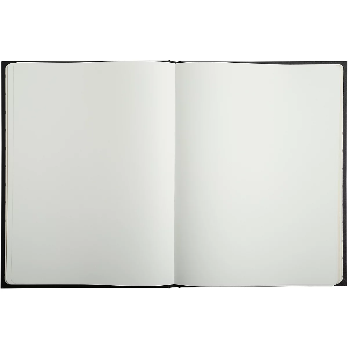 Aufgeschlagenes Notizbuch mit leeren, weißen Seiten. Schwarzer Einband.