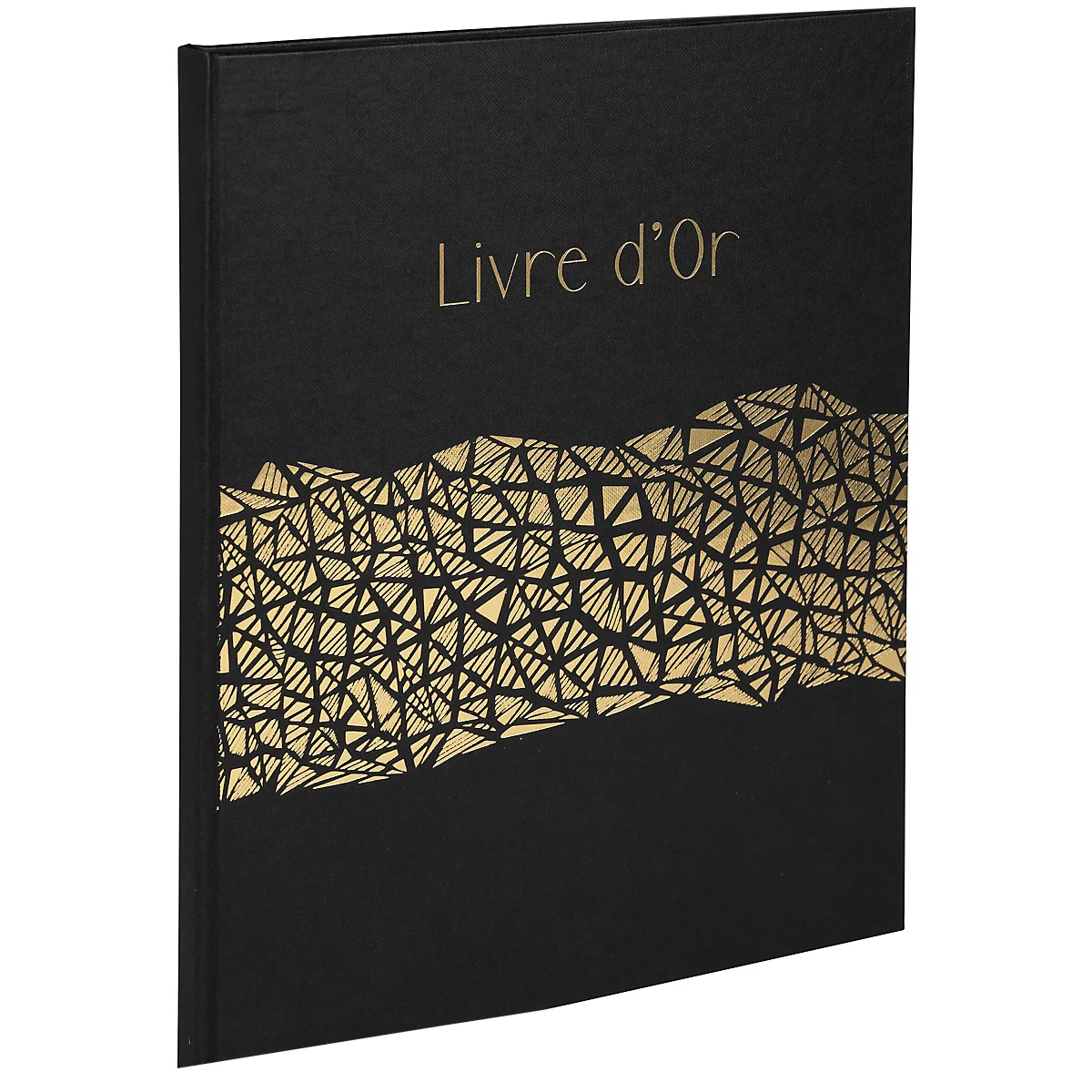 Schwarzes Buch mit goldenem Titel "Livre d'Or" und abstraktem, geometrischen Muster.