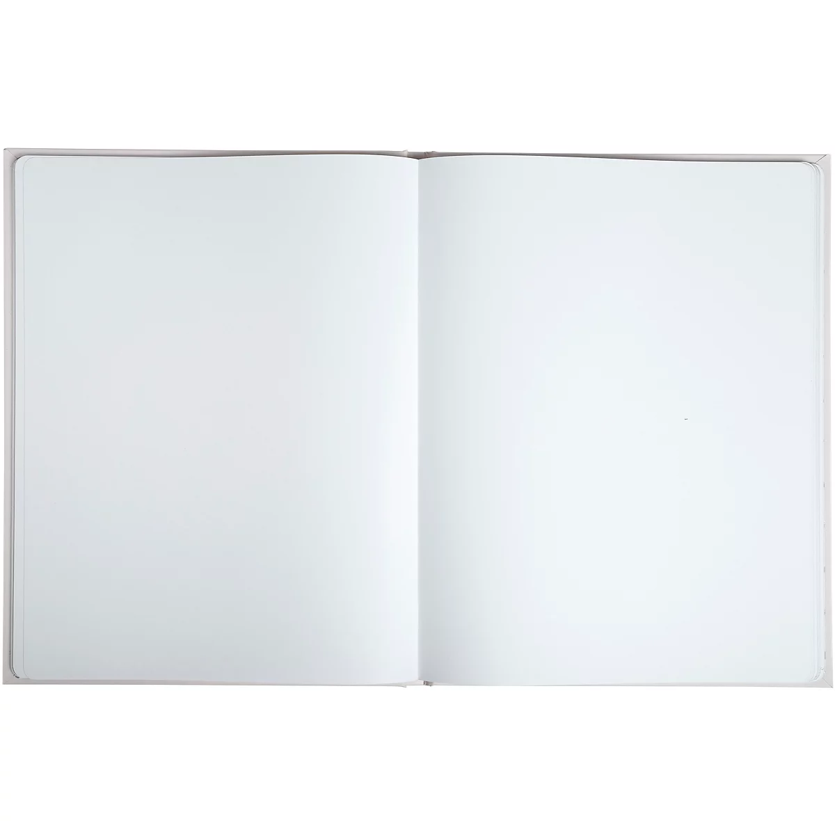 Ein offenes Notizbuch mit leeren, weißen Seiten. Der Einband ist hellgrau.
