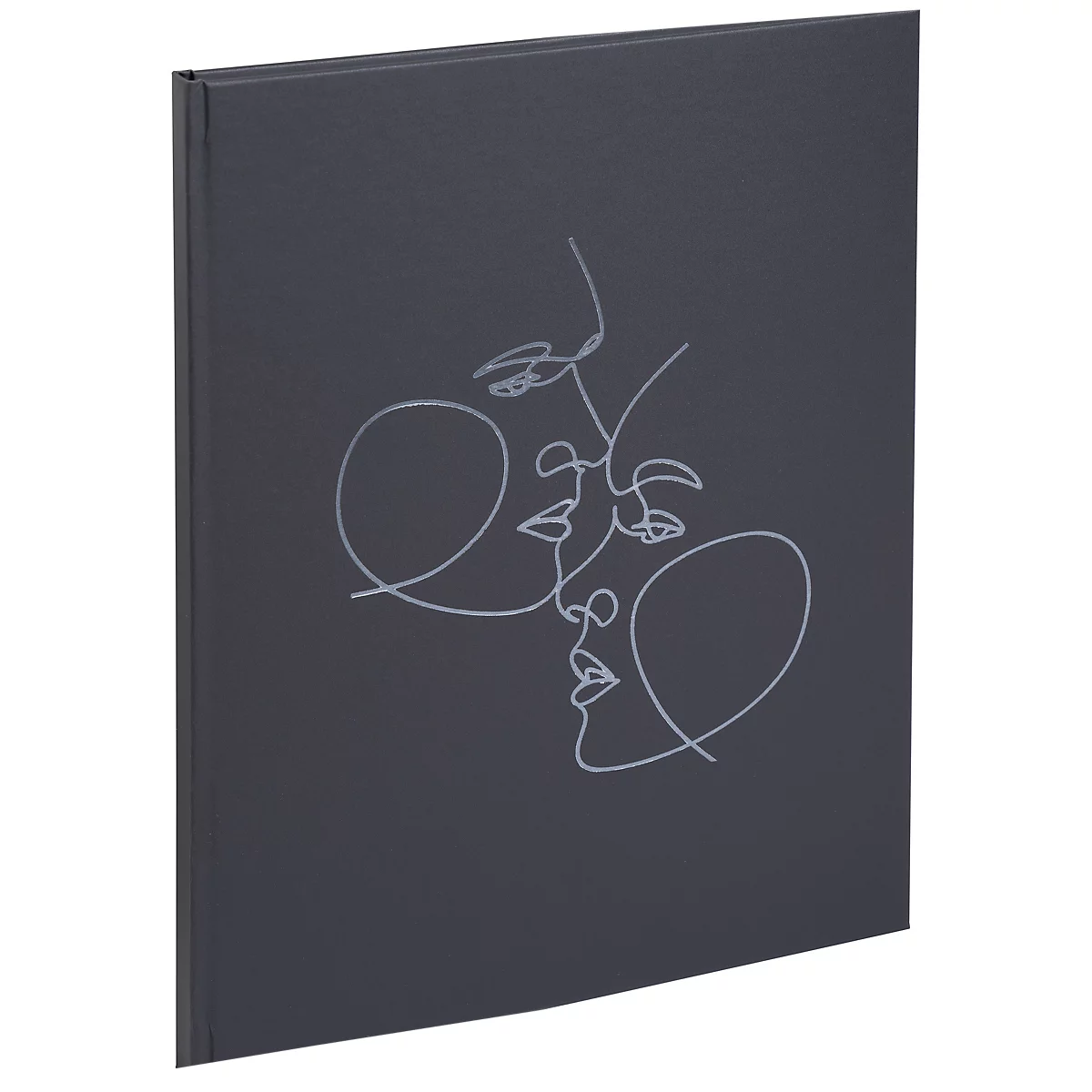 Dunkelgraues Buch mit weißer Linienzeichnung zweier Gesichter. Minimalistisches Design, klare Linien.