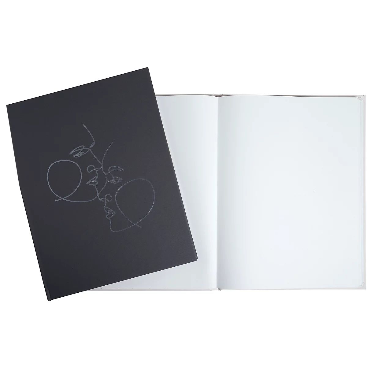 Schwarzes Notizbuch mit weißer Strichzeichnung von Gesichtern. Geöffnete, leere Seiten.