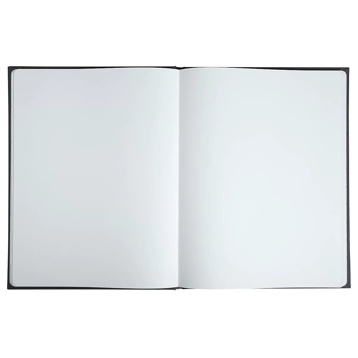 Aufgeschlagenes Notizbuch, leere weiße Seiten. Schwarzer Einband.