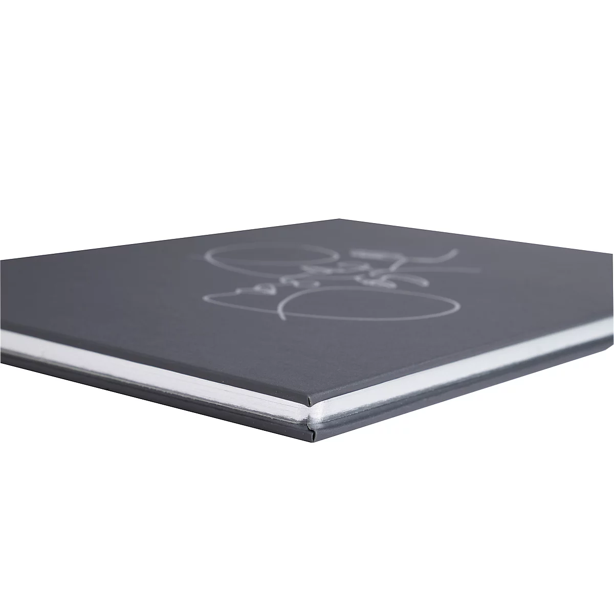 Graues Buch mit weißem Papier und Schriftzug, Perspektive.