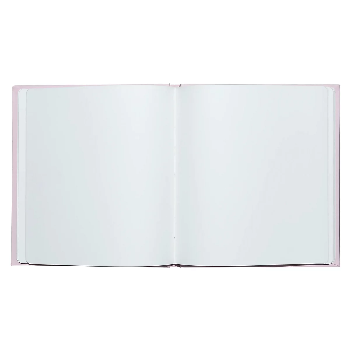 Ein offenes, leeres Notizbuch mit hellrosa Einband. Die Seiten sind weiß.