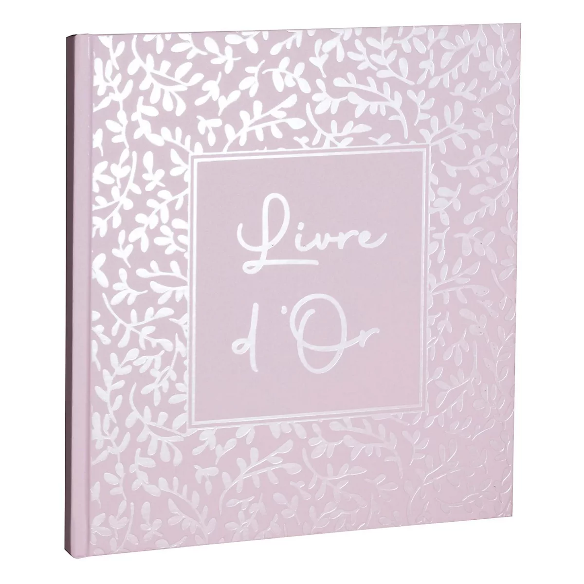 Hellrosa Buch mit silberfarbenem Blattmuster und dem Schriftzug "Livre d'Or".