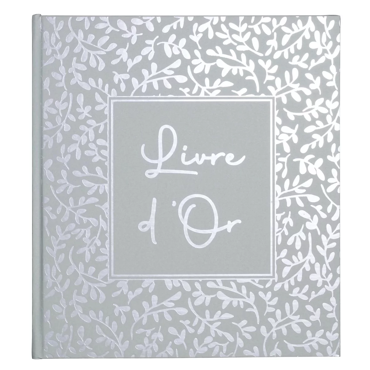 Hellgraues Buch mit silbernen Blättern. Zentral steht in Weiß: Livre d'Or.
