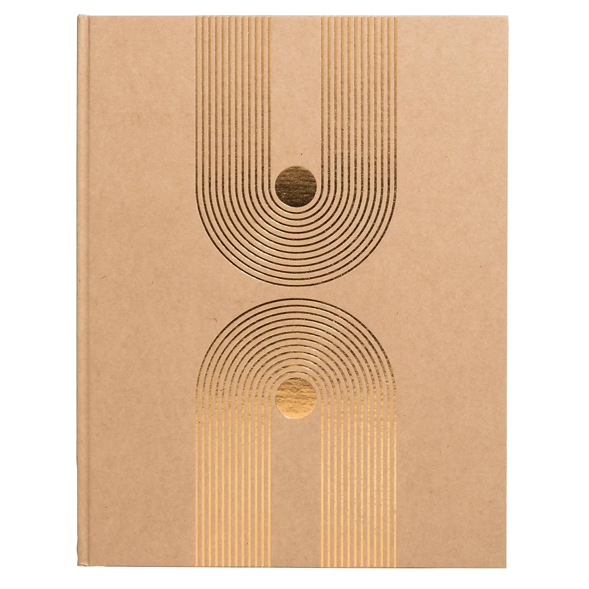 Beigefarbenes Notizbuch mit goldenen geometrischen Verzierungen. Zwei Halbkreise mit Punkten.
