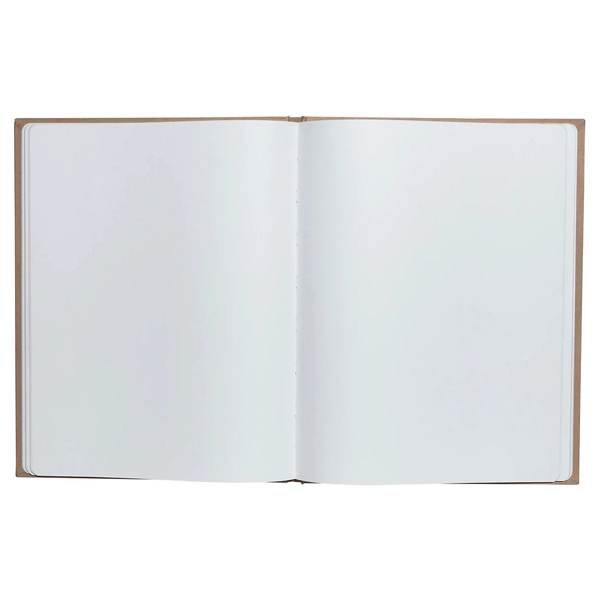 Aufgeschlagenes Notizbuch mit leeren, weißen Seiten. Der Einband ist braun.