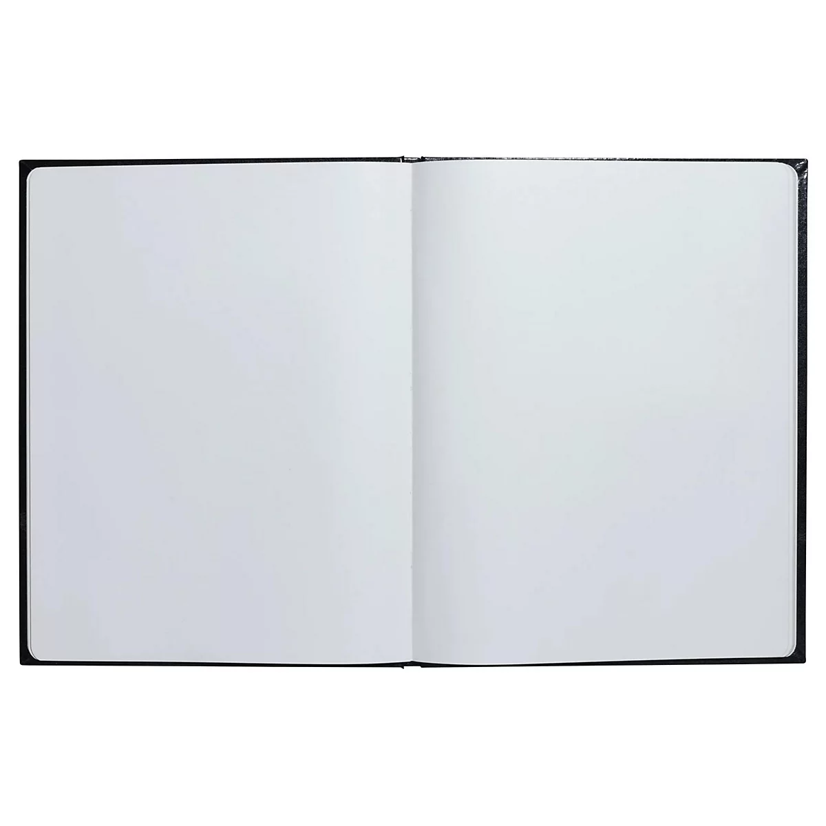 Aufgeschlagenes Notizbuch, leere Seiten vor weißem Hintergrund. Schwarzer Einband.