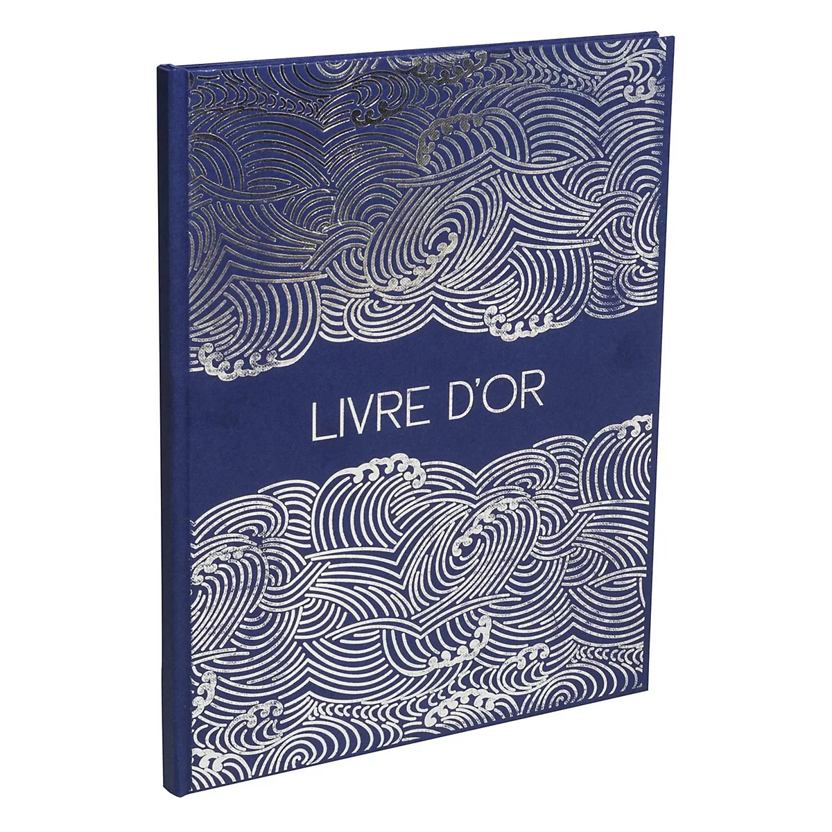 Blaues Buch mit silbernem Wellenmuster und dem Text "Livre d'Or".