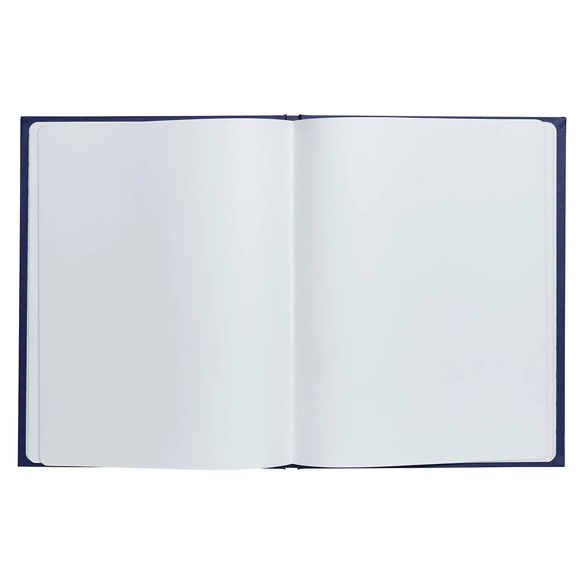 Aufgeschlagenes Notizbuch mit leerem, weißem Papier und blauem Einband.