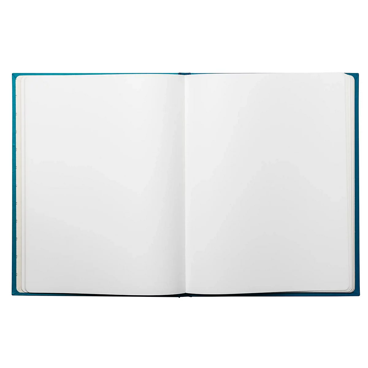 Aufgeschlagenes Notizbuch mit leerer, weißer Doppelseite und blauem Einband.