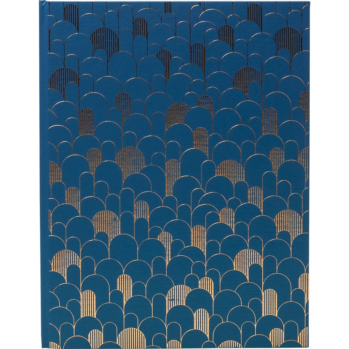 Blaues Muster mit goldenen Bögen und Linien. Das Design wiederholt sich über die gesamte Oberfläche.